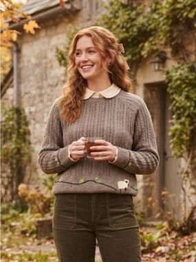 Woolrich Taupe Heather Lambswool Embroidered Sheep & Vine Sweater Size L
